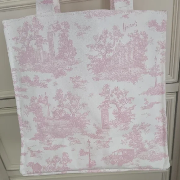 Harrods Pink and White Toile Tote Bag - Picture 4 of 12